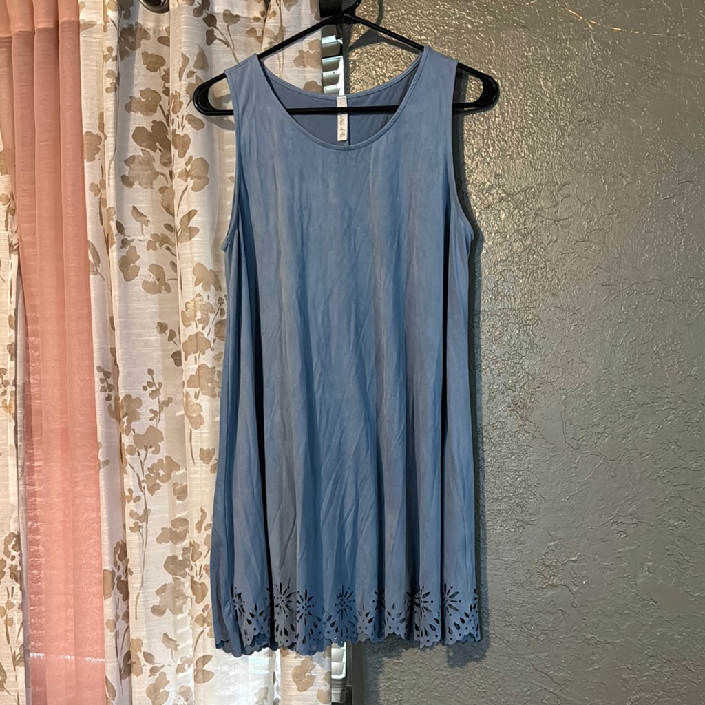 Blue Sleeveless Dress With Floral Hem
